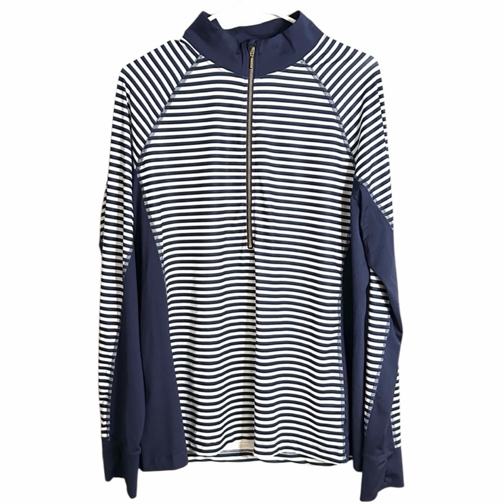 Crown & Ivy Women’s Navy & White Striped Quarter-Zip Pullover Size Large PTP 22”